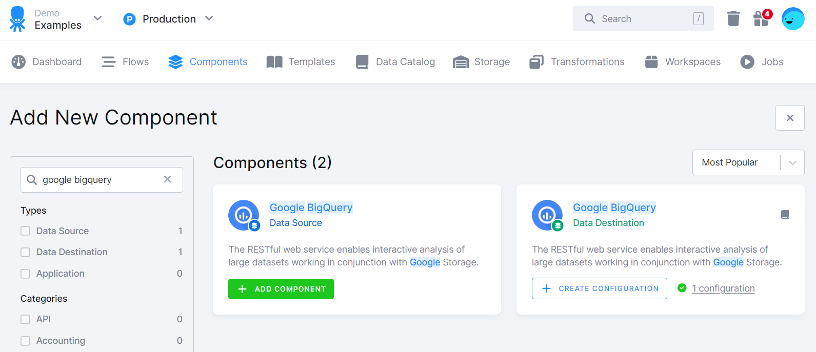 Screenshot - Add New Component search for Google BigQuery